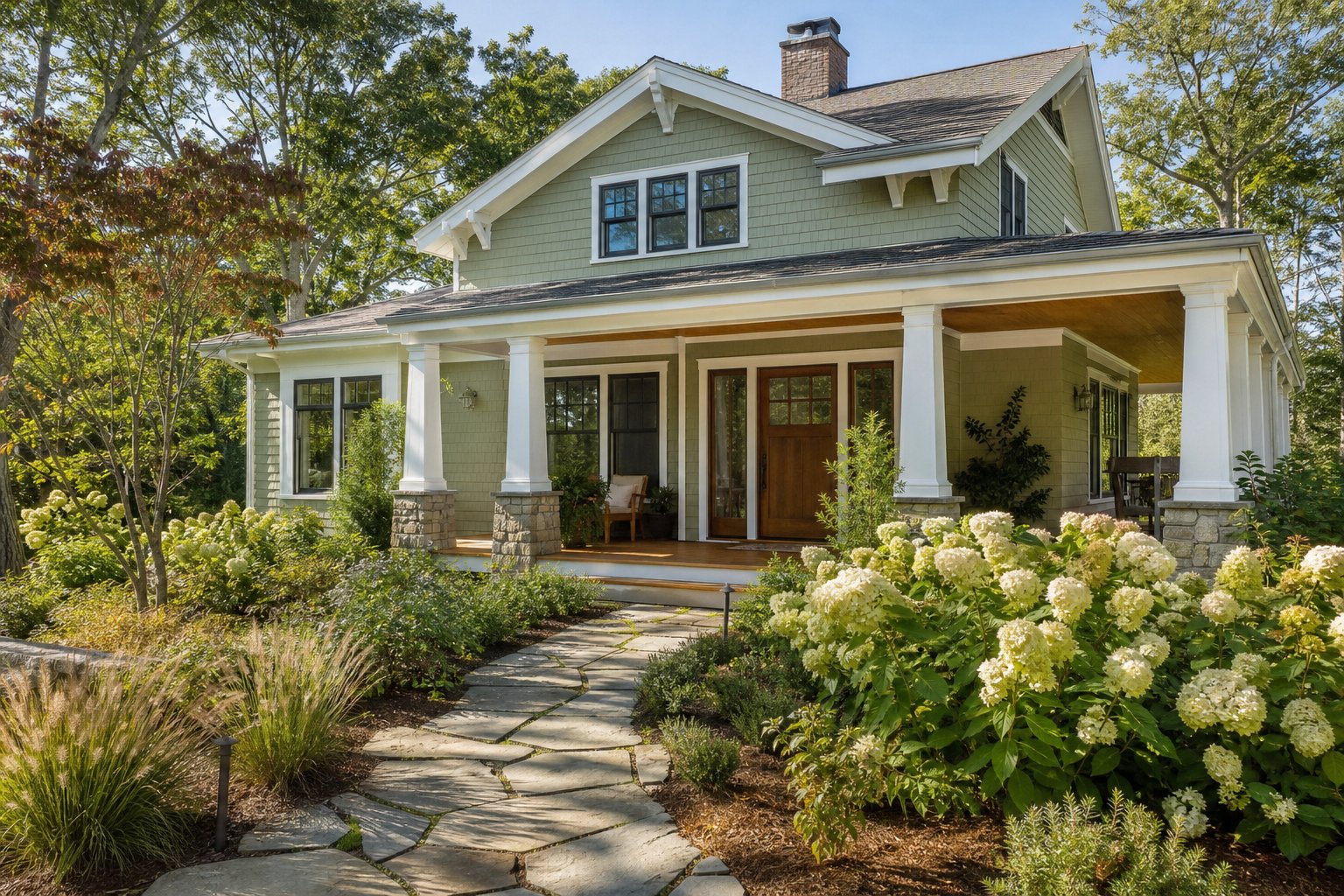 A welcoming renovated home with a landscaped garden and porch