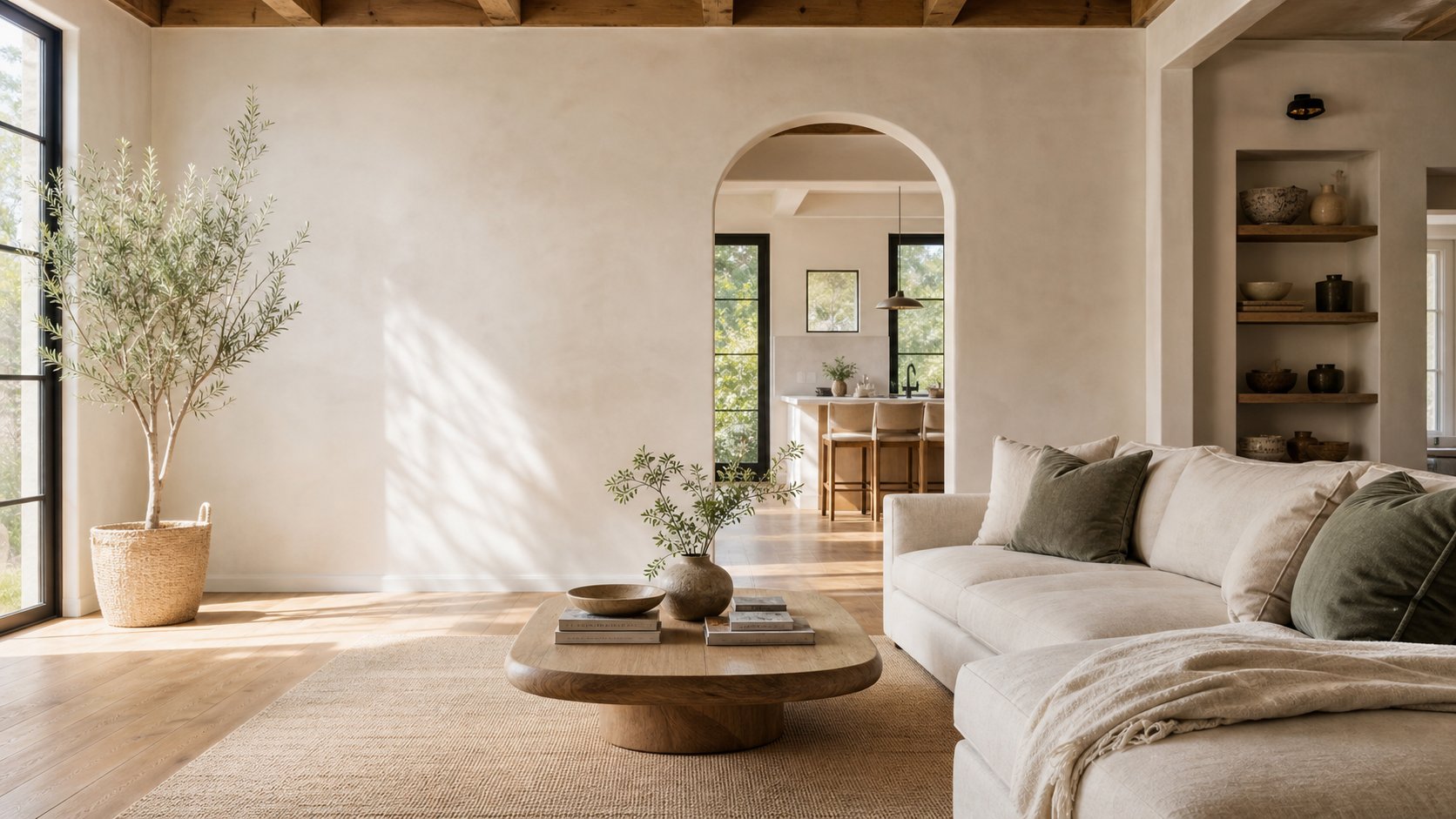 A calm, sunlit living room with warm timber and natural finishes