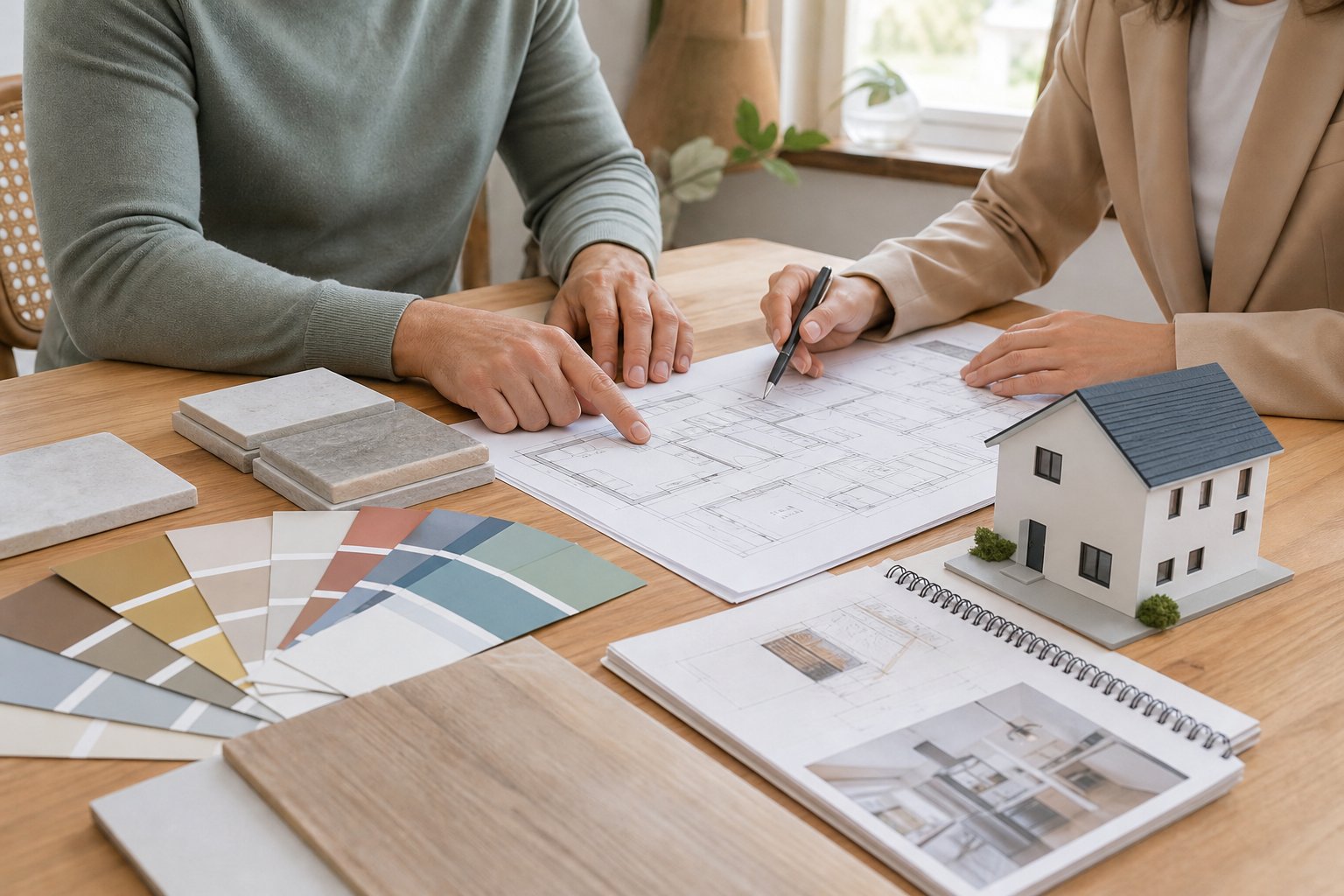 A homeowner and renovation advisor reviewing a floor plan together
