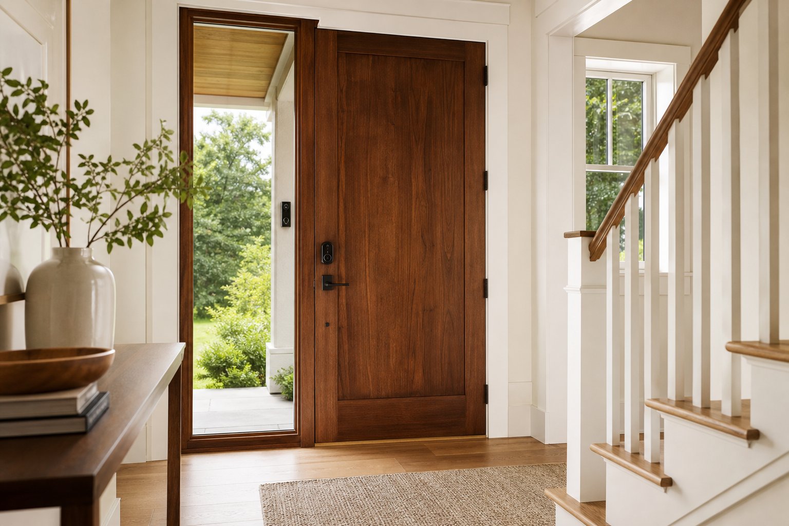 A renovated entry with a warm wood door and a discreet smart lock